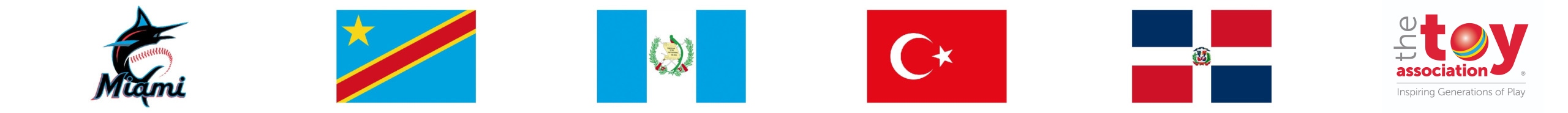 Client logos including Miami Marlins, Democratic Republic of the Congo, Guatemala, Turkey, Dominican Republic, and The Toy Association