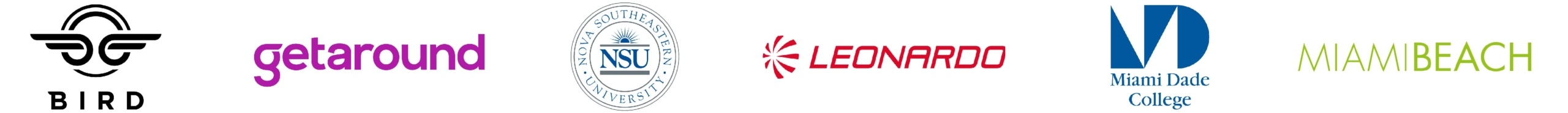 Client logos including Bird, Getaround, Nova Southeastern University, Leonardo, Miami Dade College, and City of Miami Beach