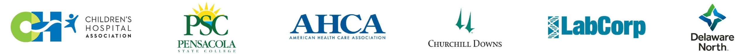Client logos including Children’s Hospital Association, Pensacola State College, AHCA, Churchill Downs, LabCorp, and Delaware North