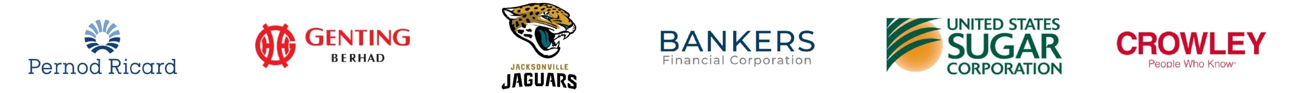 Client logos including Pernod Ricard, Genting Berhad, Jacksonville Jaguars, Bankers Financial Corporation, United States Sugar Corporation, and Crowley